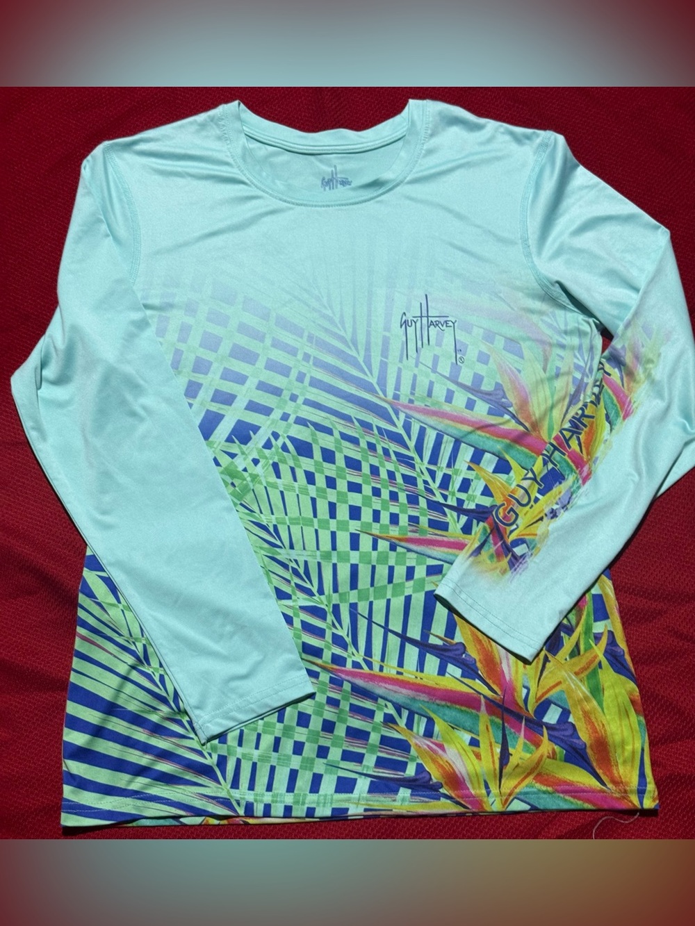 Guy Harvey Mint Blue Long-Sleeve Tropical Print Tee